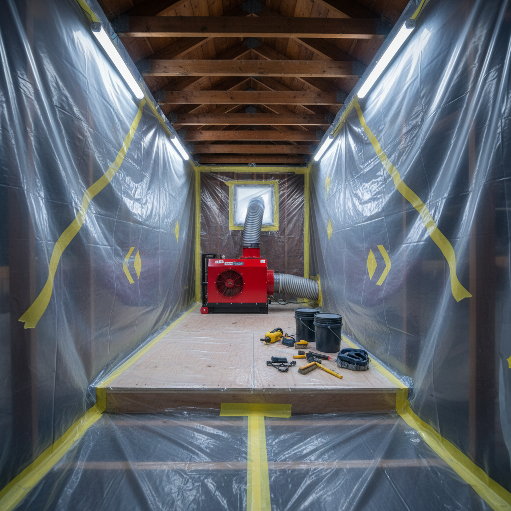 A detailed, photographic realism image of an organized asbestos removal staging area inside a residential attic, showcasing careful preparation. The scene features heavy-duty clear plastic sheeting tightly sealed along rafters, a bright red negative air machine with flexible ducting extending out a small gable vent, and neatly arranged tools on a covered plywood platform. Yellow caution-style visual markers are represented by geometric patterns on the plastic, avoiding readable text. Cool, diffused work lights mounted along the rafters create controlled, even illumination, with gentle reflections on the plastic surfaces. Shot from a low, wide-angle perspective to emphasize containment and airflow equipment, the mood is bold, technical, and trustworthy, ideal for illustrating professional abatement standards.