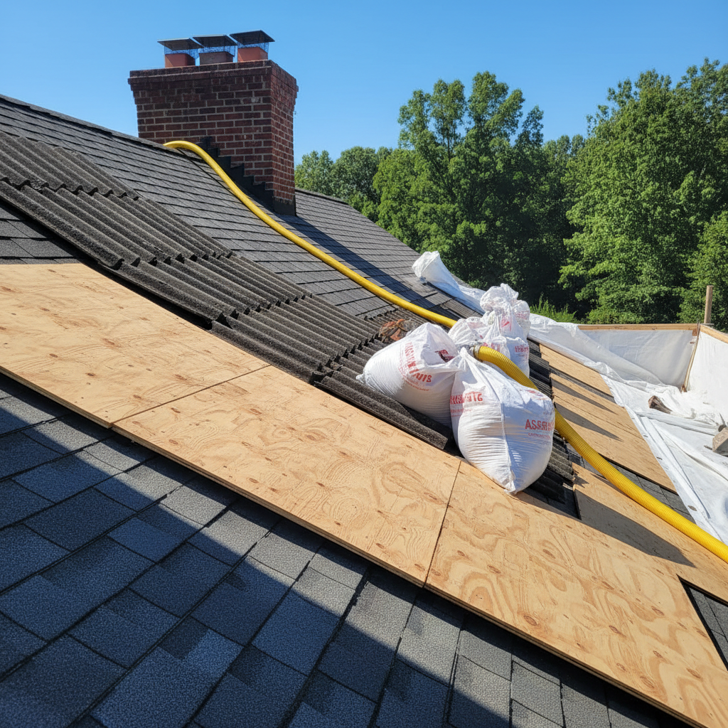 A close-up, photographic realism shot of a residential roof mid-asbestos removal, featuring dark gray asphalt shingles partially lifted to expose carefully contained old asbestos roofing material. A bright yellow negative-air containment hose and sealed, labeled waste bags sit on sturdy plywood decking. The house’s brick chimney and a line of green trees frame the background. Strong, clear daytime sunlight creates crisp shadows along the ridges of the roof and highlights the textures of shingles, bricks, and safety tarps. Captured from a slightly elevated angle, the composition emphasizes precision and professionalism, with clean lines, sharp focus throughout, and a bold, confident atmosphere suitable for a Virginia roofing and asbestos removal specialist.