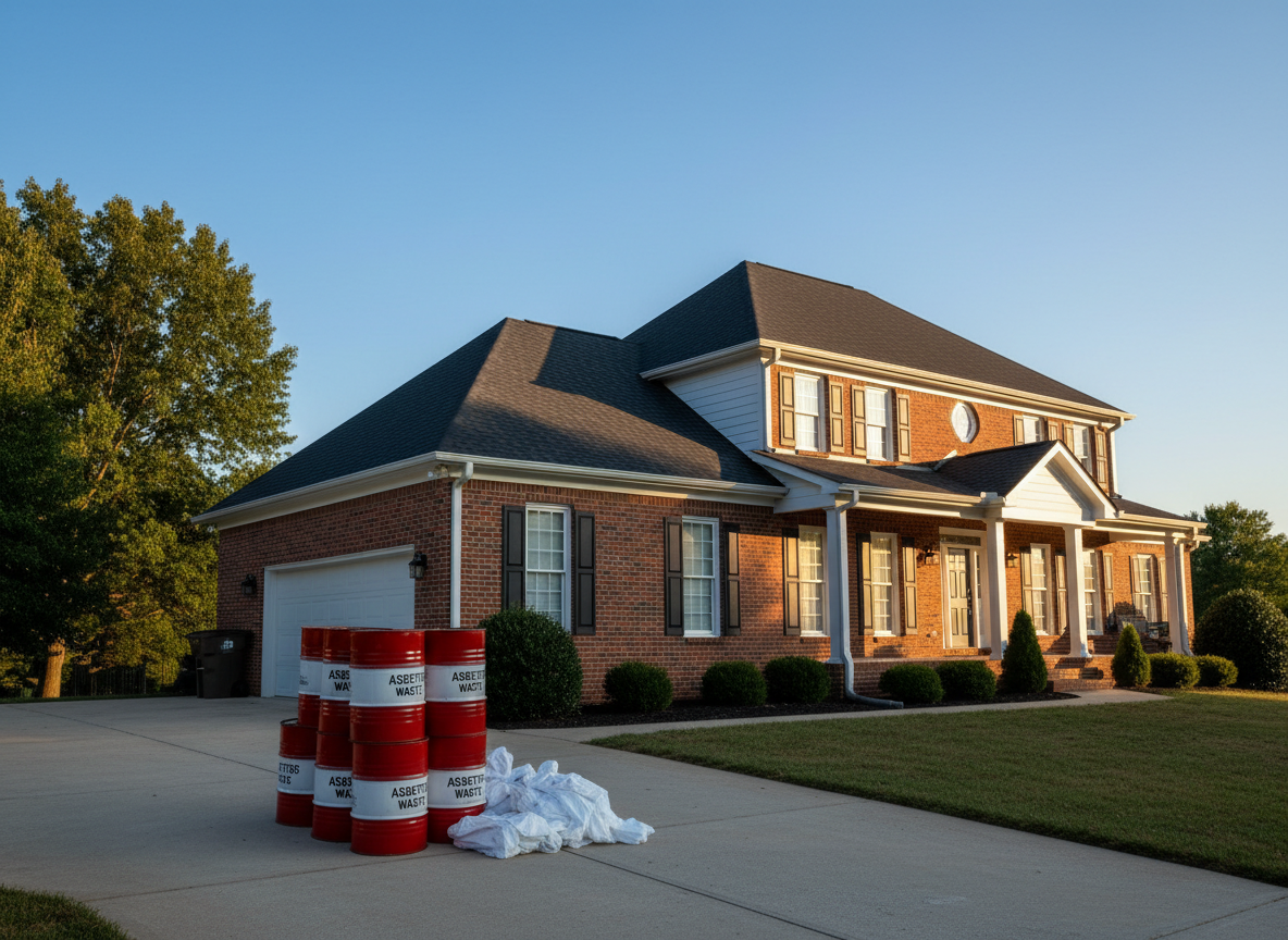 A wide, eye-level photographic image of a suburban Virginia home with a newly replaced charcoal architectural shingle roof, in front of a clear blue sky. In the foreground, a neat stack of sealed red and white asbestos disposal drums and neatly folded disposable coveralls sits on the driveway, suggesting recently completed safe abatement. Soft late-afternoon sunlight casts warm highlights along the roof edges, gutters, and brick facade, creating a bold yet reassuring mood. The composition follows the rule of thirds, with the roof dominating the upper frame and the tidy, well-organized work area below, showcasing both roofing craftsmanship and meticulous asbestos removal practices without any visible workers.