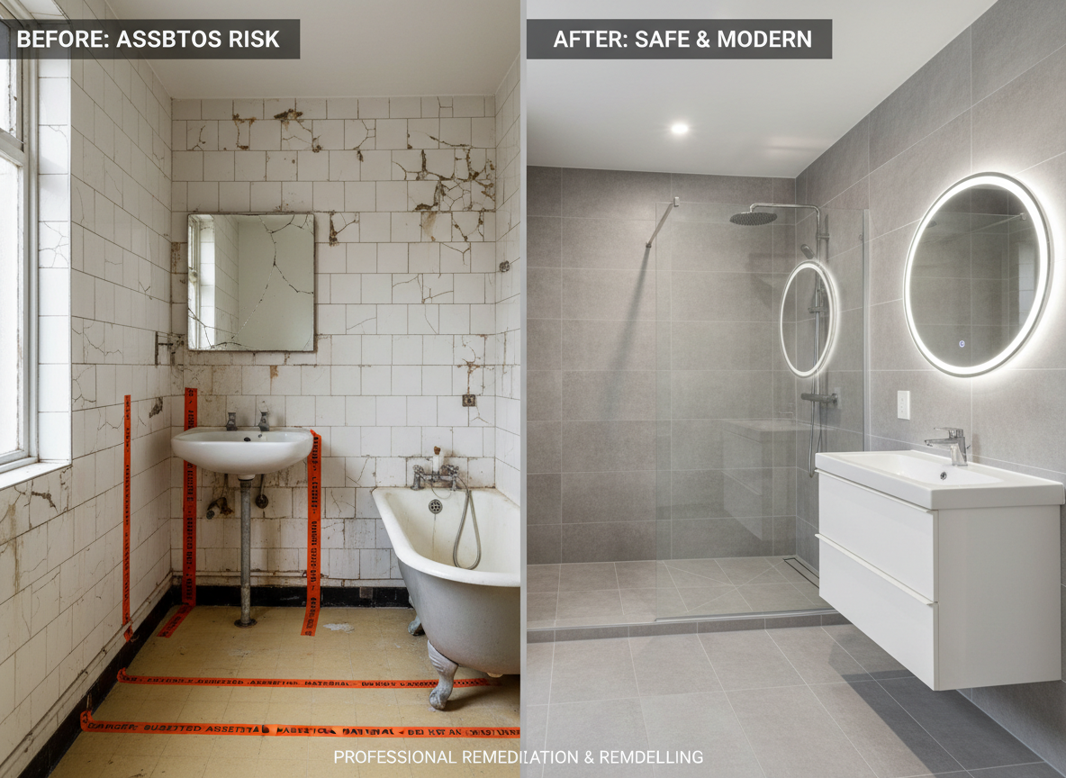 An interior bathroom renovation before-and-after split photographic scene. On the left, a dated bathroom with cracked off-white tiles and an old, yellowed vinyl floor flagged with bright orange tape indicating suspected asbestos material. On the right, the same space transformed with modern gray porcelain tile, a frameless glass shower, and a sleek white vanity, all clean and asbestos-free. A subtle vertical divider separates the two halves. Neutral, even overhead lighting eliminates harsh shadows, creating a clear, informative comparison. The composition is symmetrical and sharply focused from foreground to back wall, with a bold, professional mood that emphasizes safe asbestos remediation tied directly to high-quality remodeling work.